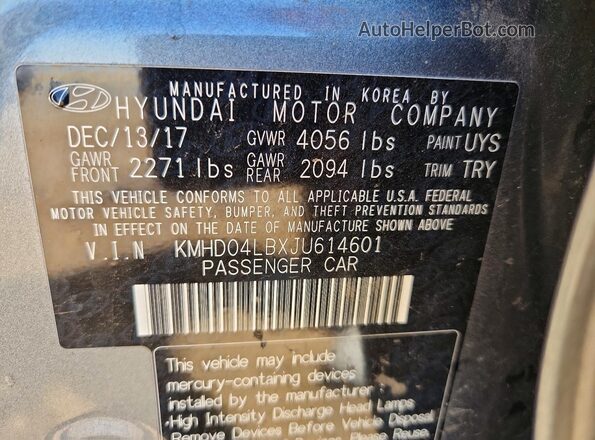 KMHD04LBXJU614601 2018 HYUNDAI ELANTRA Silver ძრავის განყოფილების ხედი