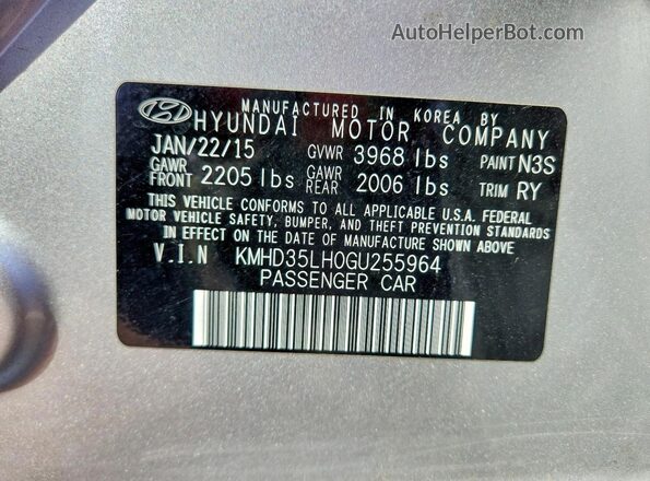 KMHD35LH0GU255964 2016 HYUNDAI ELANTRA Silver Вид наклейки з VIN-кодом