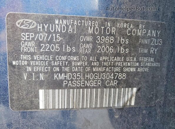 KMHD35LH0GU304788 2016 HYUNDAI ELANTRA Blue Vista de la etiqueta del VIN