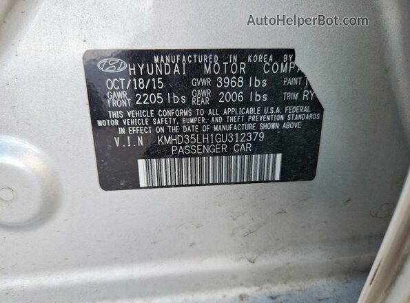 KMHD35LH1GU312379 2016 HYUNDAI ELANTRA Silver Vista de la etiqueta del VIN
