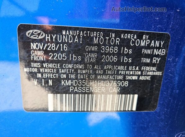 KMHD35LH1HU376908 2017 HYUNDAI ELANTRA Blue Vista del compartimento del motor