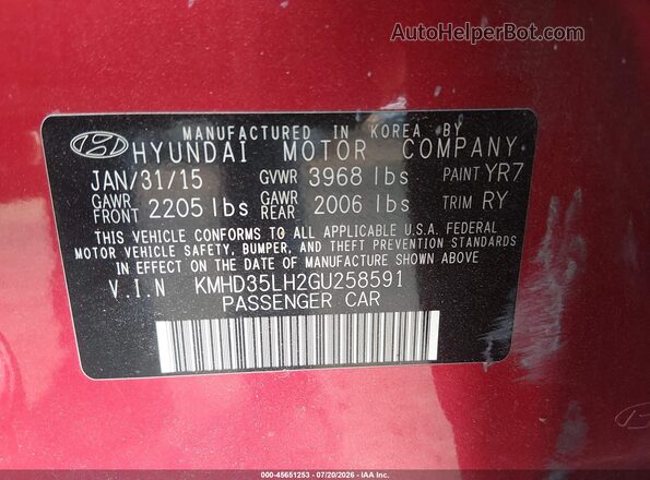 KMHD35LH2GU258591 2016 HYUNDAI ELANTRA GT Red Widok komory silnika