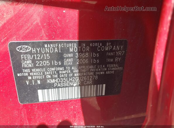 KMHD35LH2GU261278 2016 HYUNDAI ELANTRA GT Red Widok komory silnika