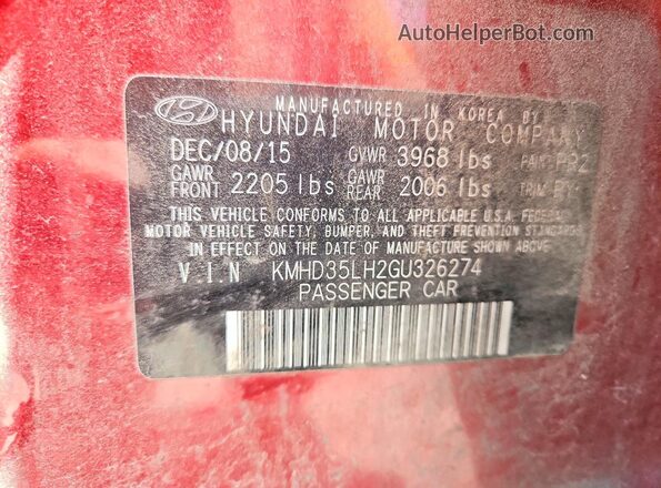 KMHD35LH2GU326274 2016 HYUNDAI ELANTRA Red ძრავის განყოფილების ხედი