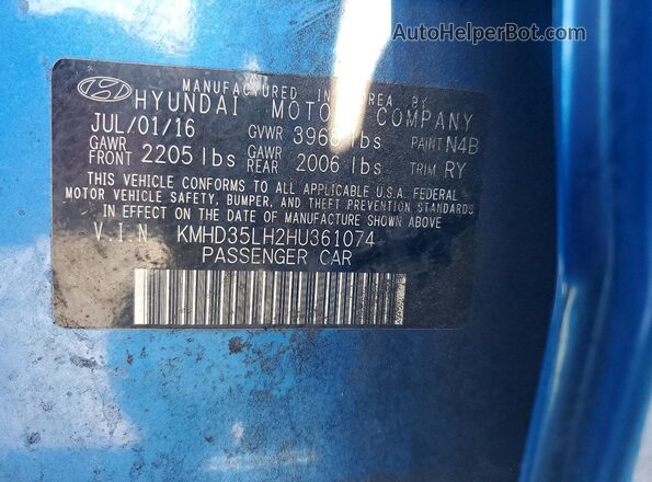 KMHD35LH2HU361074 2017 HYUNDAI ELANTRA Синий Вид подкапотного пространства