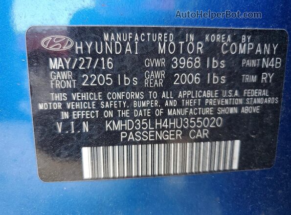 KMHD35LH4HU355020 2017 HYUNDAI ELANTRA Blue Widok wnętrza 360 stopni