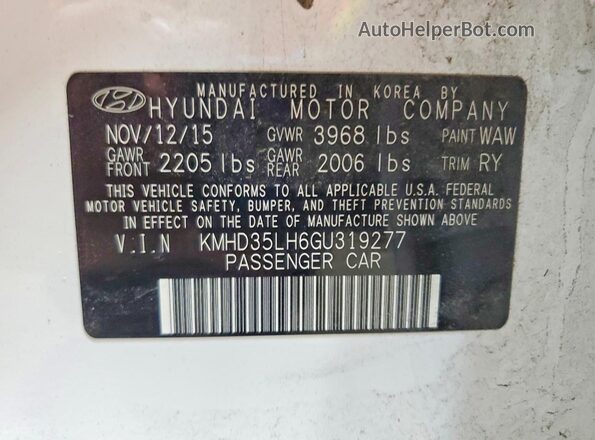 KMHD35LH6GU319277 2016 HYUNDAI ELANTRA White VIN კოდის სტიკერის ხედი