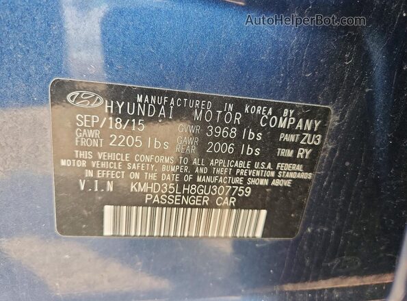 KMHD35LH8GU307759 2016 HYUNDAI ELANTRA Синий Вид подкапотного пространства
