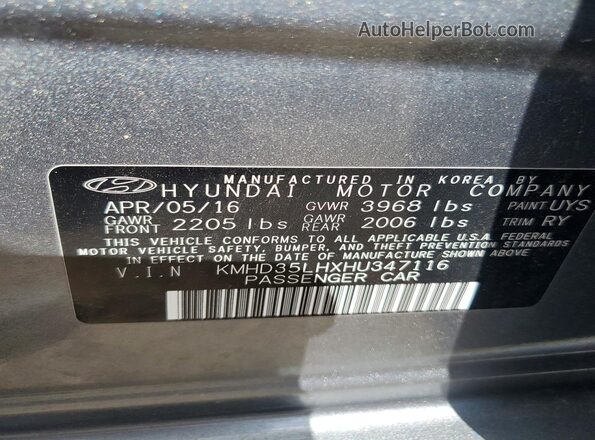 KMHD35LHXHU347116 2017 HYUNDAI ELANTRA Gray Շարժիչի բաժամունքի տեսք