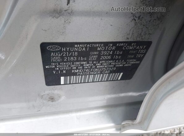 KMHD74LF0KU757329 2019 HYUNDAI ELANTRA Gray Вид підкапотного простору