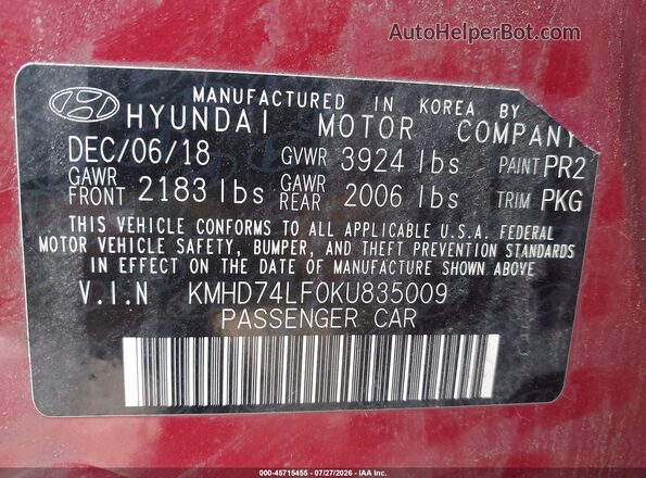 KMHD74LF0KU835009 2019 HYUNDAI ELANTRA Red ძრავის განყოფილების ხედი