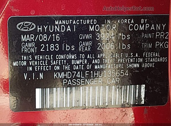 KMHD74LF1HU135654 2017 HYUNDAI ELANTRA Красный Вид подкапотного пространства