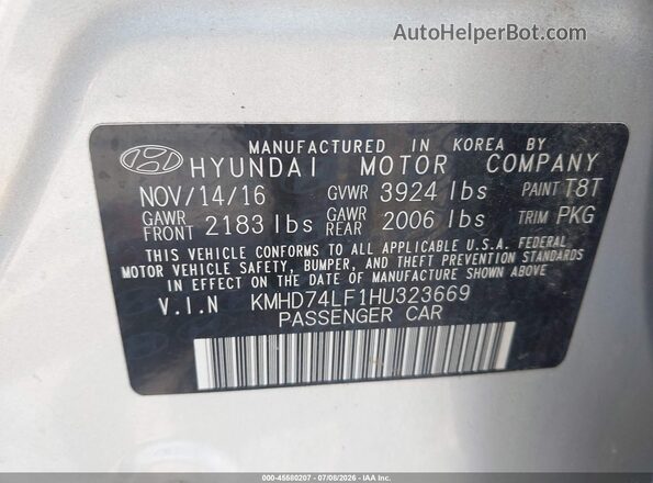 KMHD74LF1HU323669 2017 HYUNDAI ELANTRA Silver Շարժիչի բաժամունքի տեսք
