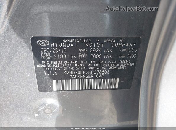 KMHD74LF2HU078803 2017 HYUNDAI ELANTRA Silver Vista del compartimento del motor