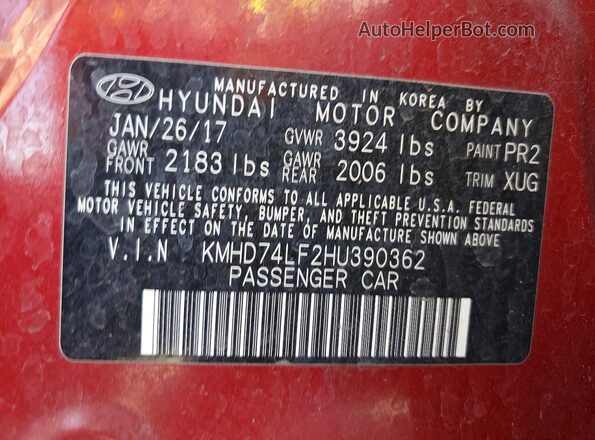 KMHD74LF2HU390362 2017 HYUNDAI ELANTRA Red ძრავის განყოფილების ხედი