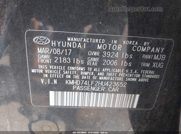 KMHD74LF2HU423652 2017 HYUNDAI ELANTRA Black ძრავის განყოფილების ხედი