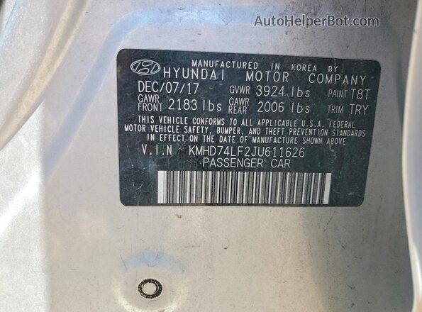 KMHD74LF2JU611626 2018 HYUNDAI ELANTRA Silver Vista de la etiqueta del VIN