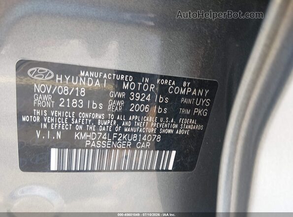 KMHD74LF2KU814078 2019 HYUNDAI ELANTRA Gray Engine compartment view