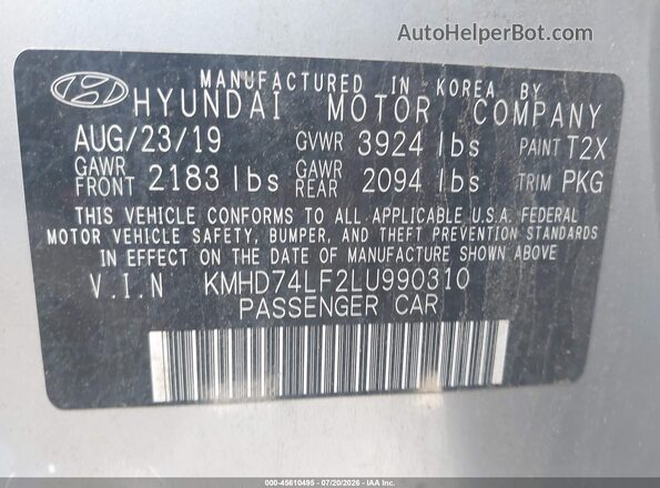 KMHD74LF2LU990310 2020 HYUNDAI ELANTRA Silver Շարժիչի բաժամունքի տեսք