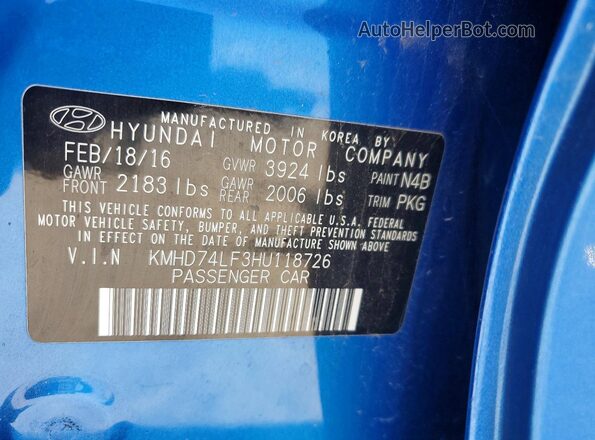KMHD74LF3HU118726 2017 HYUNDAI ELANTRA Blue VIN კოდის სტიკერის ხედი