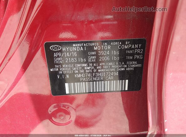 KMHD74LF3HU172494 2017 HYUNDAI ELANTRA Красный Вид подкапотного пространства