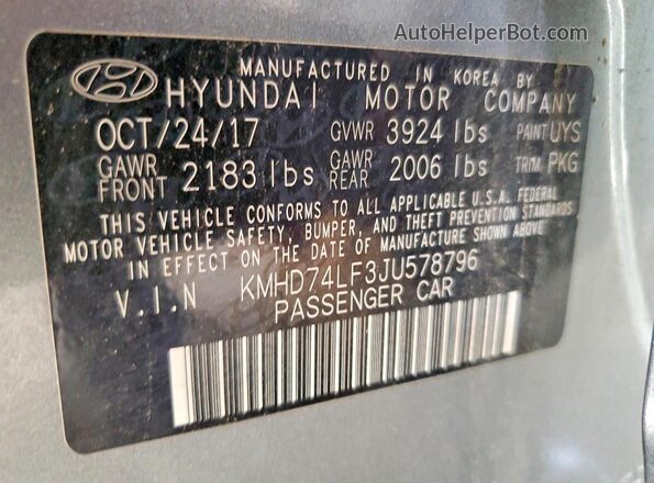 KMHD74LF3JU578796 2018 HYUNDAI ELANTRA Gray Vista de la etiqueta del VIN