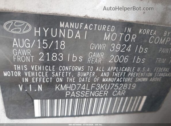 KMHD74LF3KU752819 2019 HYUNDAI ELANTRA Silver Вид підкапотного простору