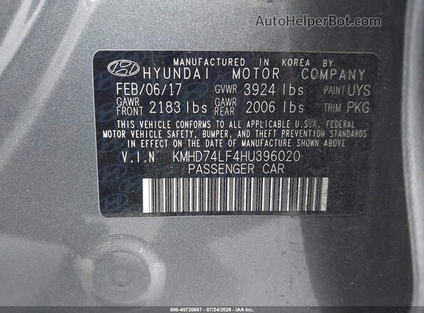 KMHD74LF4HU396020 2017 HYUNDAI ELANTRA Gray ძრავის განყოფილების ხედი