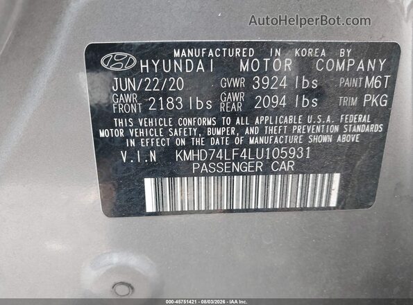 KMHD74LF4LU105931 2020 HYUNDAI ELANTRA Gray Widok komory silnika