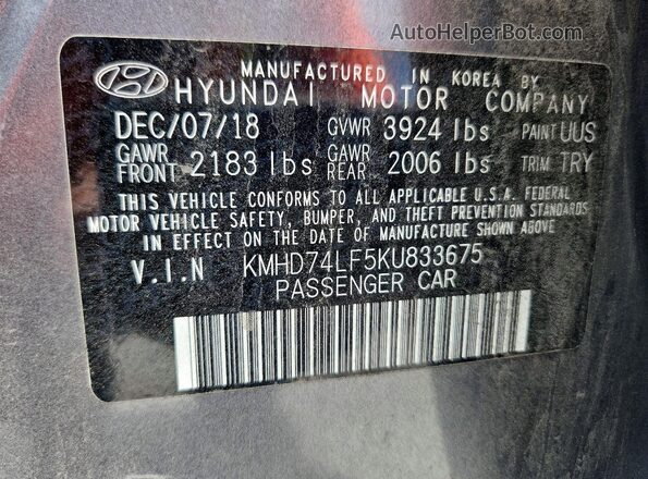 KMHD74LF5KU833675 2019 HYUNDAI ELANTRA Gray VIN կոդի պիտակի տեսք