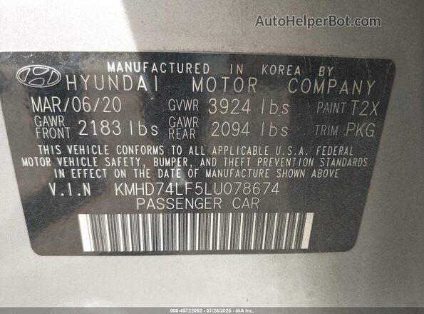 KMHD74LF5LU078674 2020 HYUNDAI ELANTRA Silver Engine compartment view