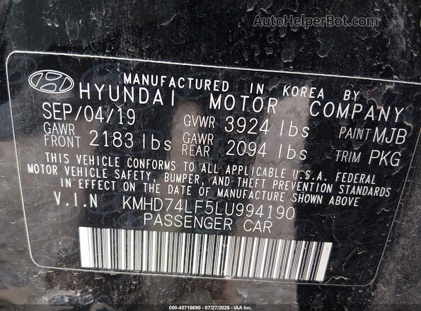 KMHD74LF5LU994190 2020 HYUNDAI ELANTRA Black Vista del compartimento del motor
