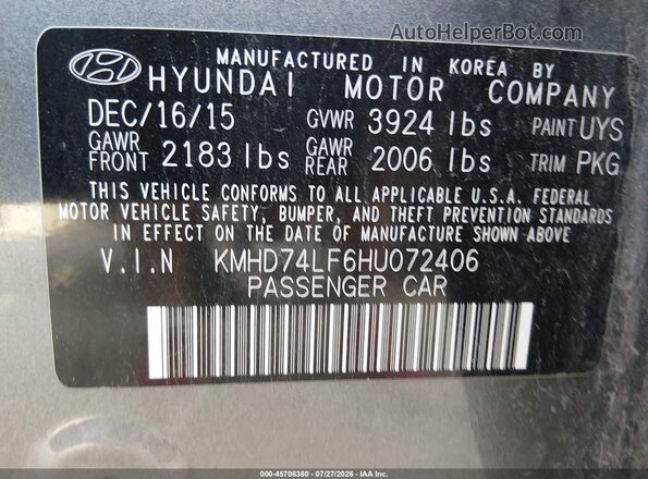 KMHD74LF6HU072406 2017 HYUNDAI ELANTRA Gray ძრავის განყოფილების ხედი