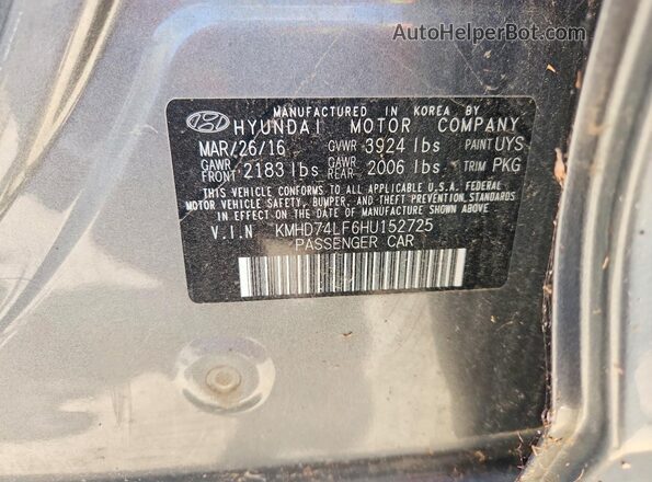 KMHD74LF6HU152725 2017 HYUNDAI ELANTRA Gray Vista del compartimento del motor