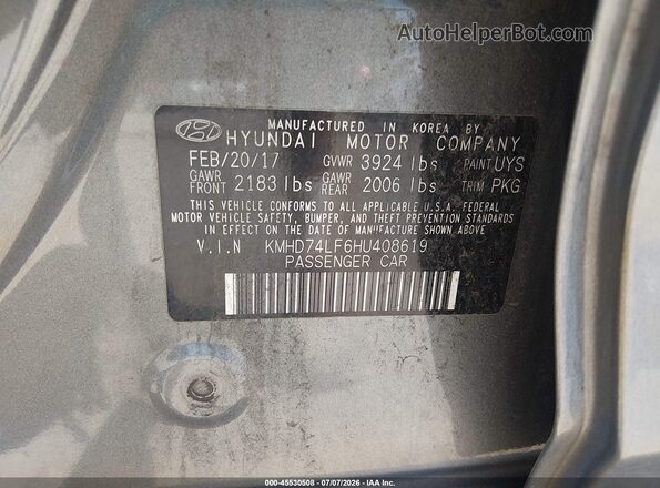 KMHD74LF6HU408619 2017 HYUNDAI ELANTRA Gray Вид підкапотного простору