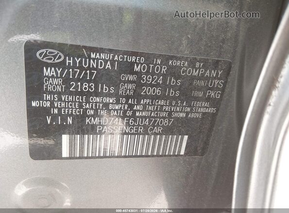 KMHD74LF6JU477087 2018 HYUNDAI ELANTRA Gray Շարժիչի բաժամունքի տեսք