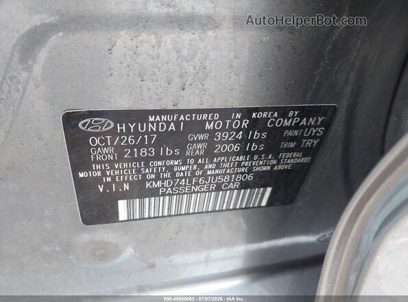 KMHD74LF6JU581806 2018 HYUNDAI ELANTRA Gray Շարժիչի բաժամունքի տեսք