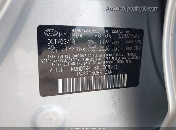 KMHD74LF6KU788911 2019 HYUNDAI ELANTRA Silver Widok komory silnika