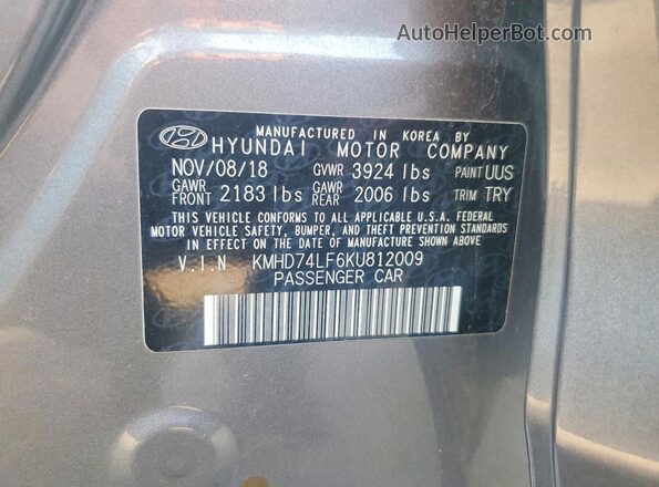 KMHD74LF6KU812009 2019 HYUNDAI ELANTRA Серебряный Вид наклейки с VIN-кодом