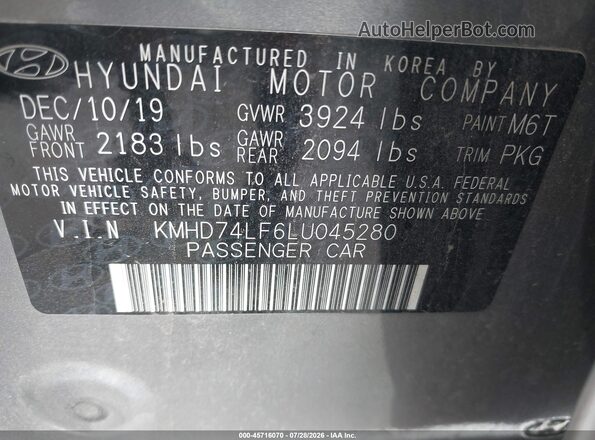 KMHD74LF6LU045280 2020 HYUNDAI ELANTRA Gray Widok komory silnika
