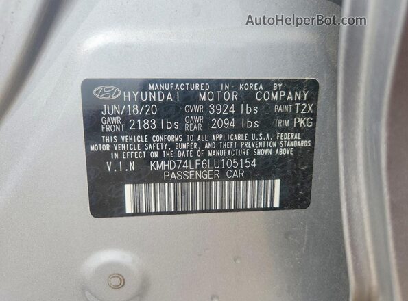 KMHD74LF6LU105154 2020 HYUNDAI ELANTRA Silver Vista del compartimento del motor