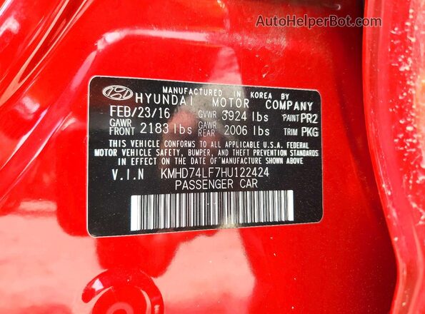KMHD74LF7HU122424 2017 HYUNDAI ELANTRA Red VIN კოდის სტიკერის ხედი