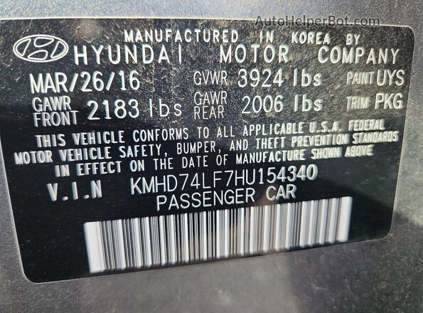 KMHD74LF7HU154340 2017 HYUNDAI ELANTRA Gray Widok komory silnika