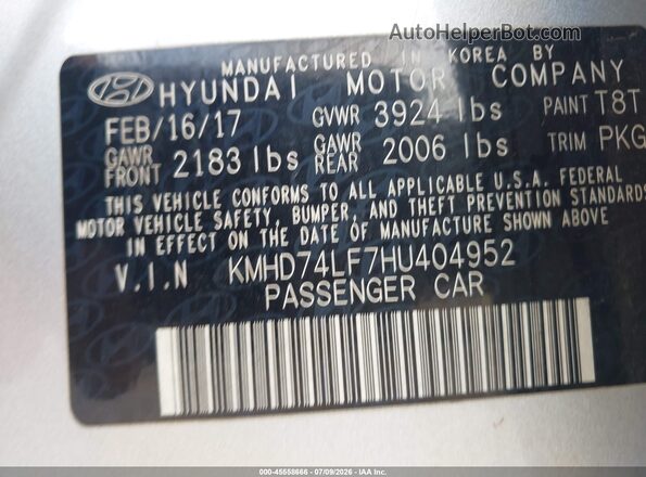 KMHD74LF7HU404952 2017 HYUNDAI ELANTRA Silver Engine compartment view
