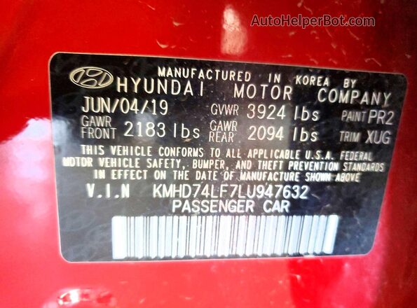 KMHD74LF7LU947632 2020 HYUNDAI ELANTRA Red Vista del compartimento del motor