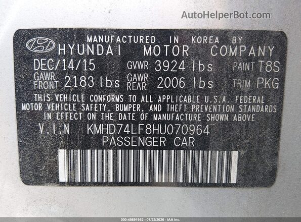 KMHD74LF8HU070964 2017 HYUNDAI ELANTRA Silver Շարժիչի բաժամունքի տեսք