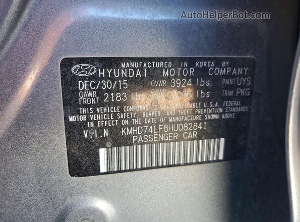KMHD74LF8HU082841 2017 HYUNDAI ELANTRA Gray Widok komory silnika
