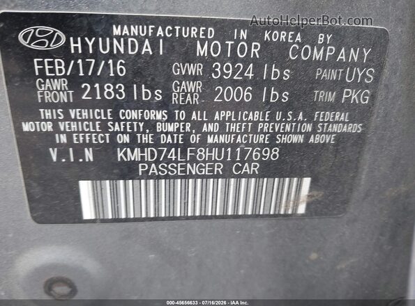 KMHD74LF8HU117698 2017 HYUNDAI ELANTRA Серебряный Вид подкапотного пространства