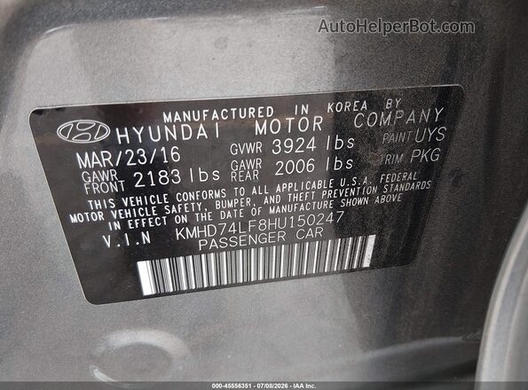 KMHD74LF8HU150247 2017 HYUNDAI ELANTRA Gray Engine compartment view