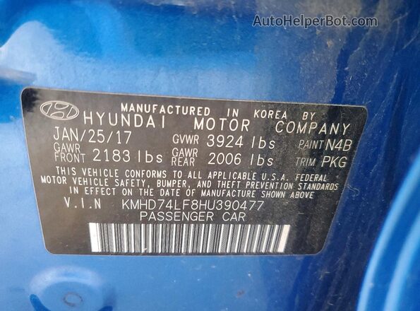 KMHD74LF8HU390477 2017 HYUNDAI ELANTRA Blue Vista del compartimento del motor